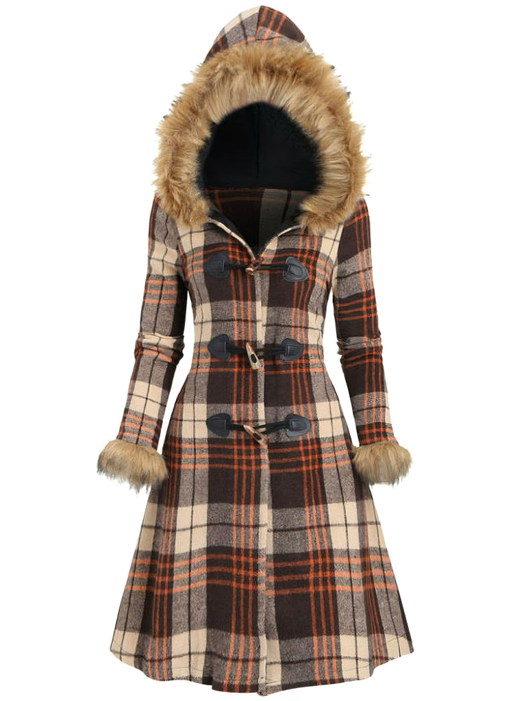 1940s Plaid Toggle Faux Fur Trim Hooded Coat