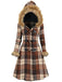 1940s Plaid Toggle Faux Fur Trim Hooded Coat