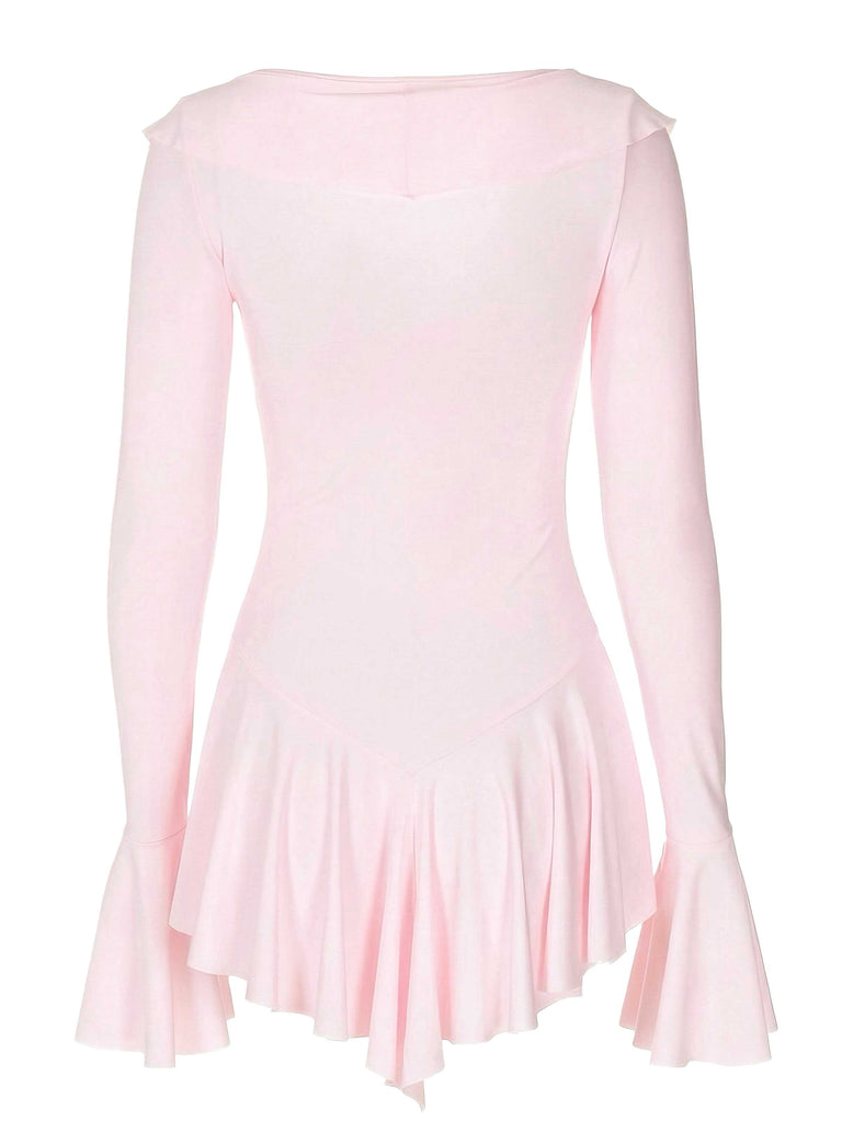 Pink 1960s V-Neck Ruffle Flared Sleeve Dress