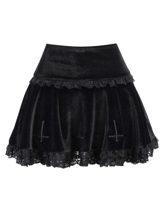 Black 1980s Solid Embroidered Lace Skirt