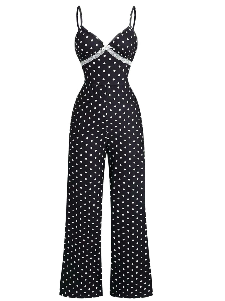 1940s Polka Dot Lace Trim Strap Jumpsuit