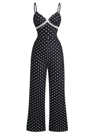 1940s Polka Dot Lace Trim Strap Jumpsuit