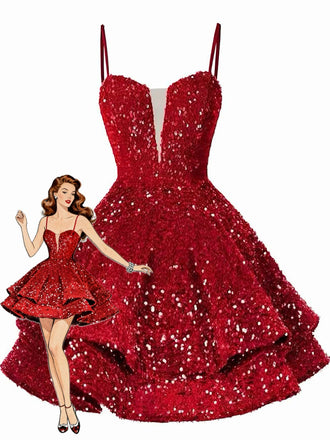 Red 1950s Sequin Deep V-Neck Lace-UP Mini Party Dress