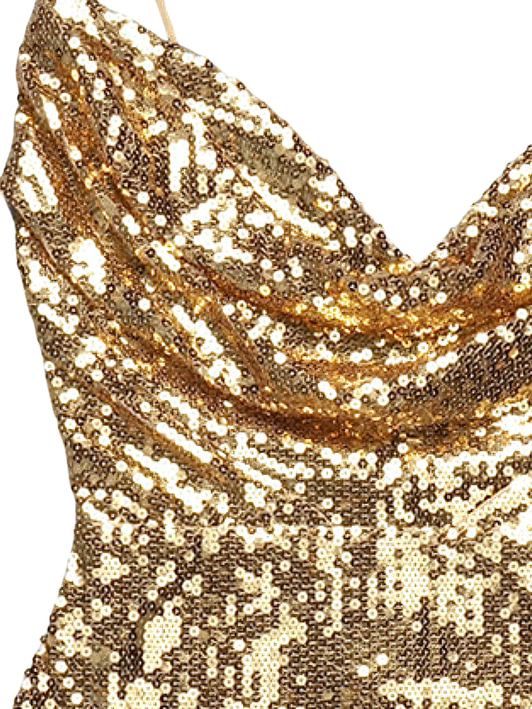Gold 1970s Solid Sequined Mini Party Dress