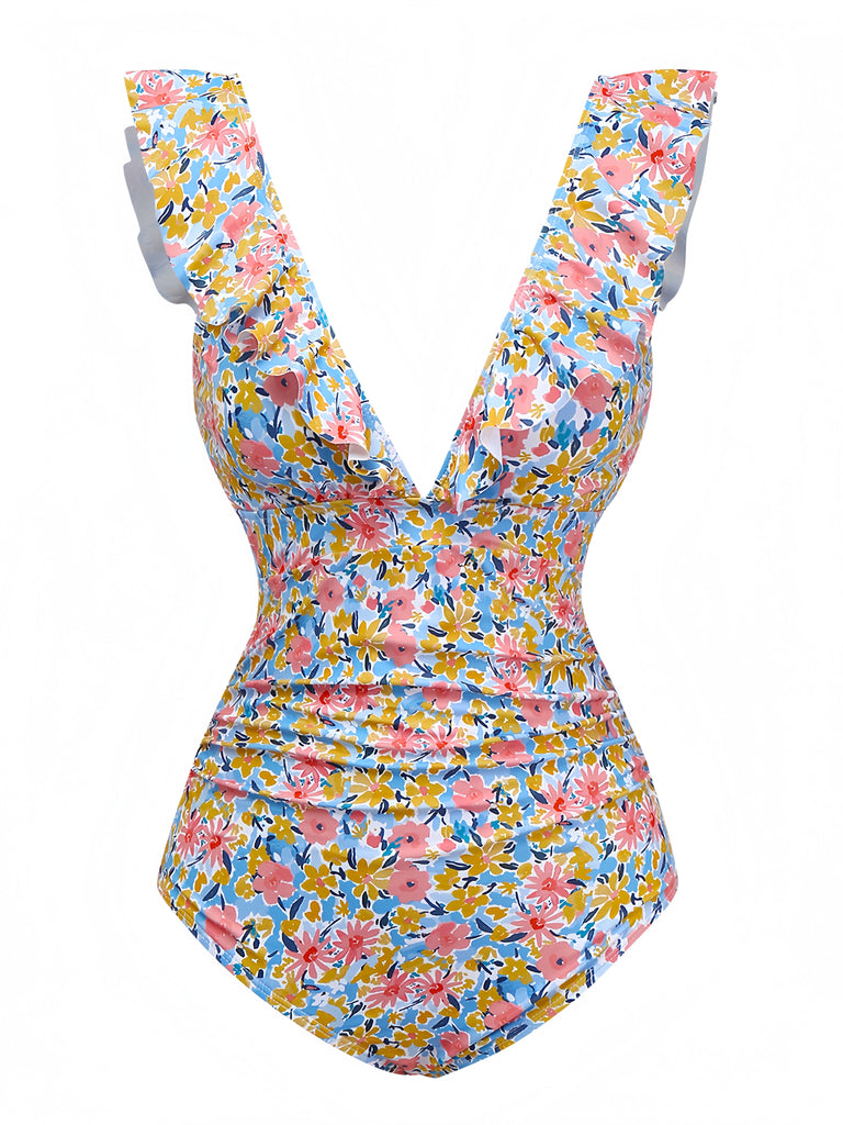 1950s Ruffled Ditsy Floral Deep V-Neck Swimsuit