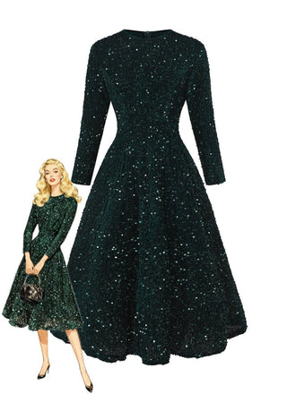 Dark Green 1940s Solid Sequins Long Sleeve Maxi Dress