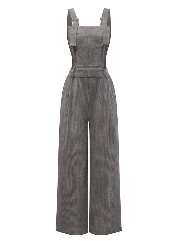 Gray 1940s Corduroy Wide-Leg Overall Jumpsuit