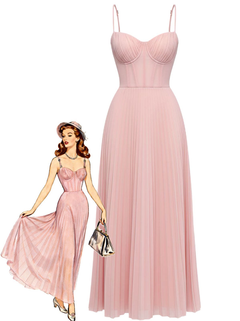 1930s Solid Pleated Strappy Evening Dress