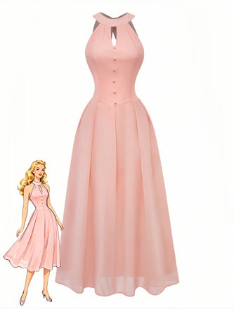 Peach 1940s Halter Cutout Button-Front Maxi Dress