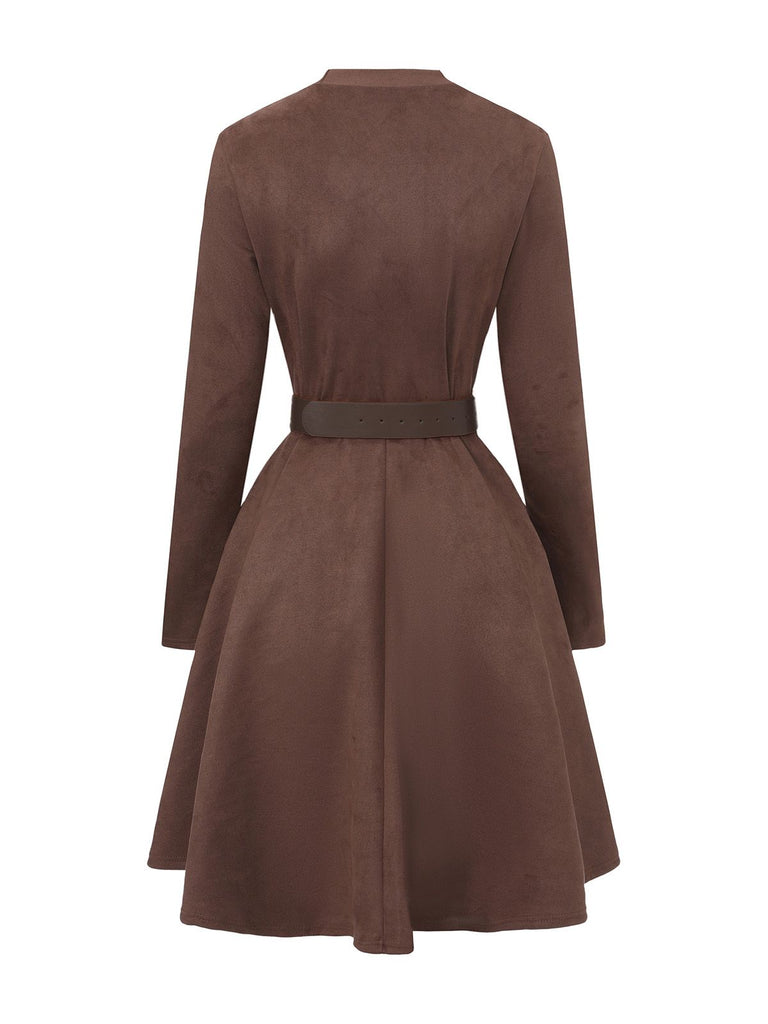 Brown 1970s Long Sleeve Round Neck Dress With Belt