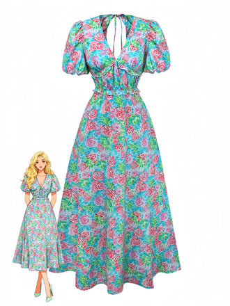 Green 1970s Boho Floral V-Neck Dress