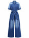 Denim 1970s Lapel Button Belted Waist Jumpsuit