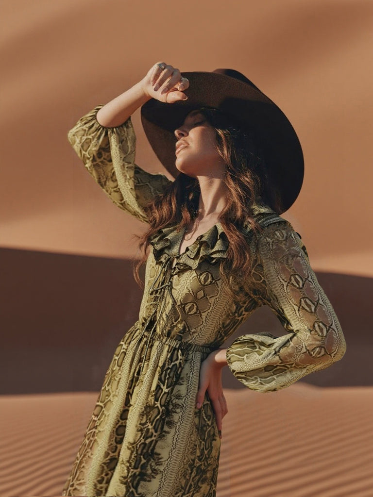 [Pre-Sale] Brown 1980s Snake Print Ruffled Chiffon Dress