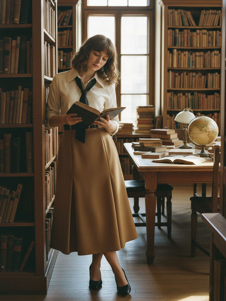 [Pre-Sale] Khaki 1930s Striped Lapel Blouse Detachable Tie Dress