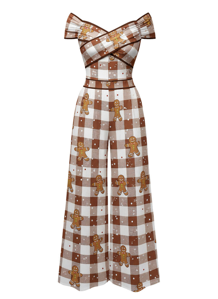 [Pre-Sale] Brown 1960s Off-Shoulder Gingerbread Jumpsuit