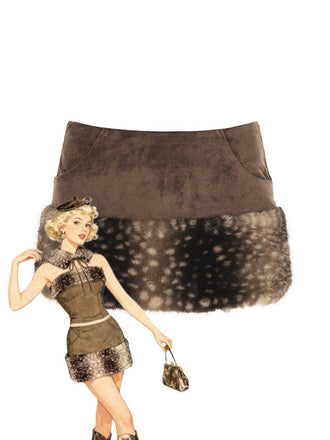 Brown 1980s Deer Faux Fur-Trimmed Skirt