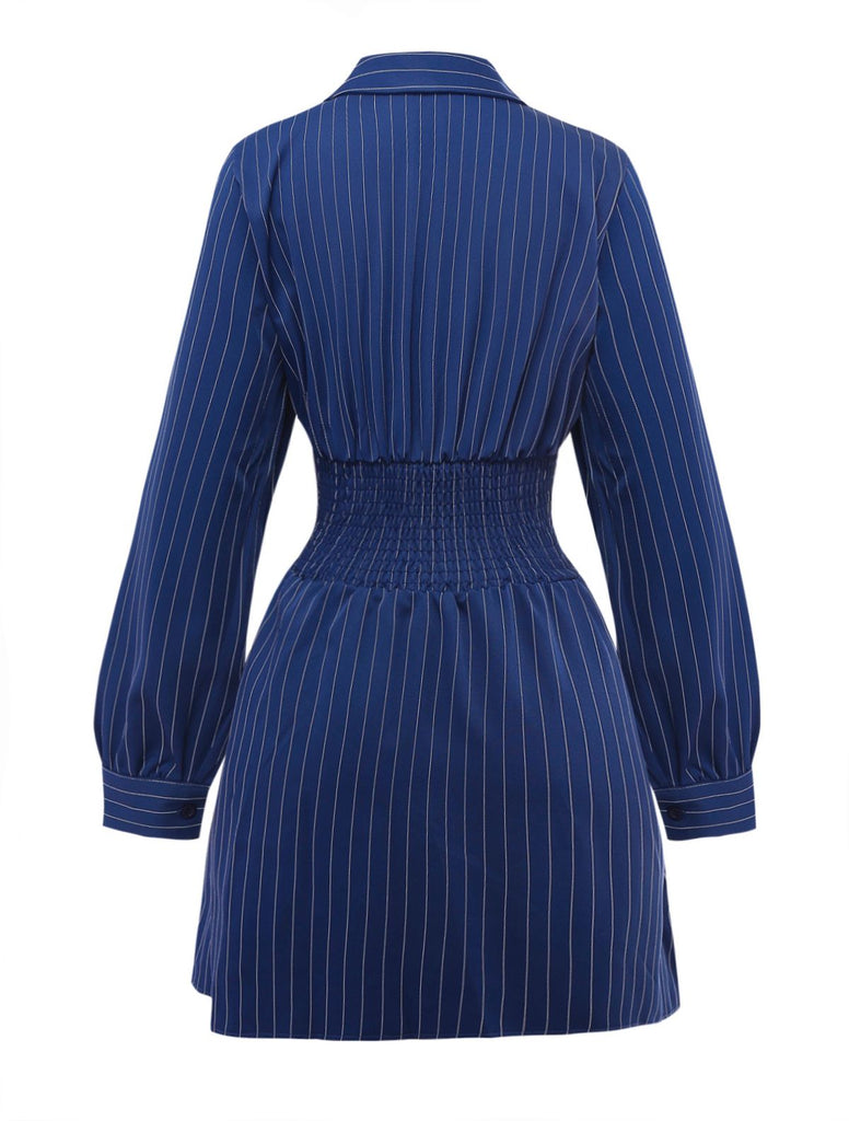 Blue 1960s V-Neck Wrap Striped Shirt Dress
