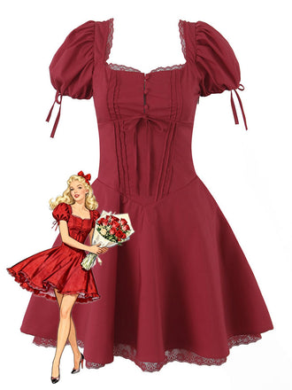 Red 1960s Solid Puff Sleeve Lace-up Dress
