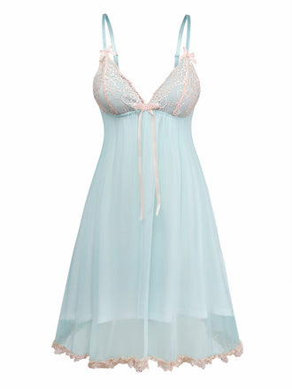 Green 1960s Mesh Lace Patchwork Bow Straps Nightdress