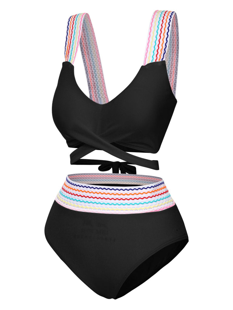 1940s Rainbow Lace-Up Patchwork Strap Bikini Set