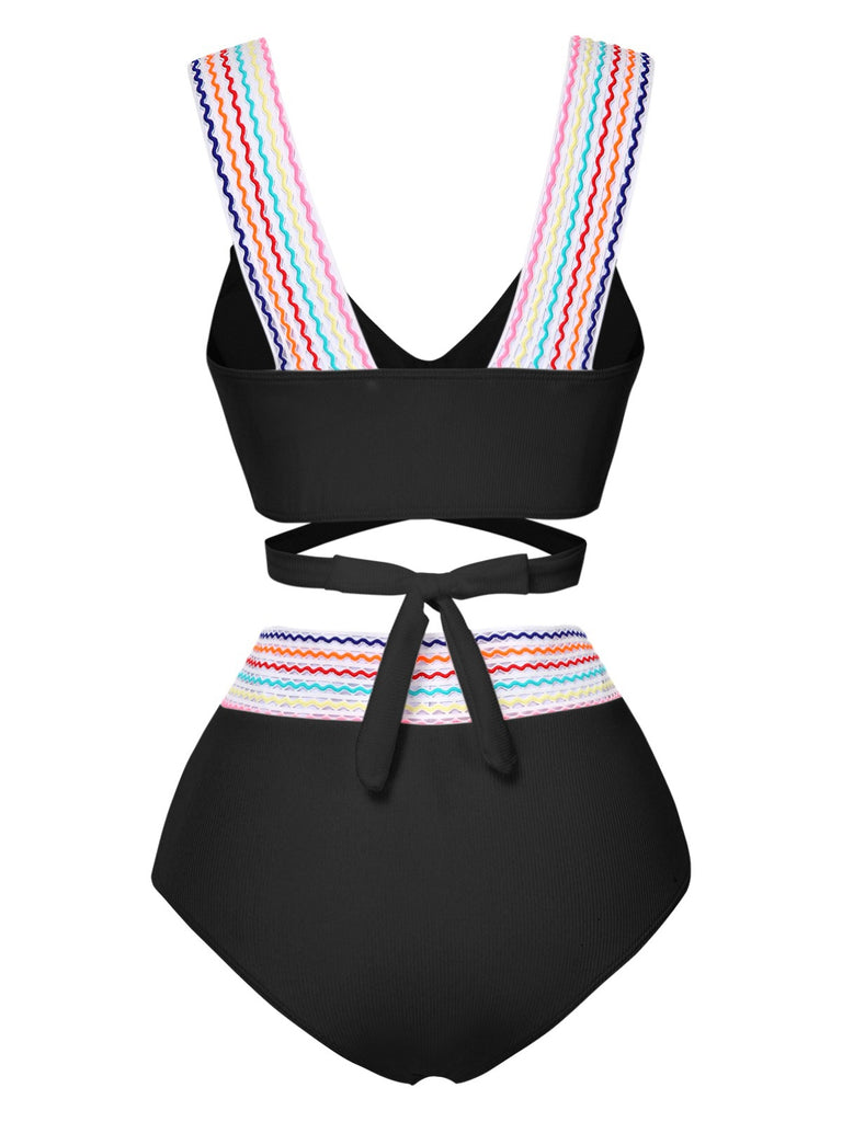 1940s Rainbow Lace-Up Patchwork Strap Bikini Set