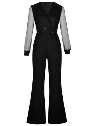 Black 1940s V-Neck Glitter Mesh Jumpsuit