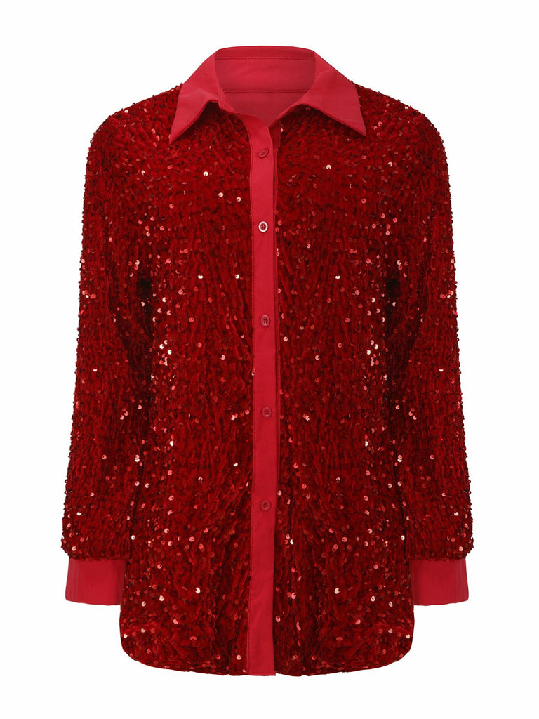 1940s Solid Velvet Sequined Lapel Blouse