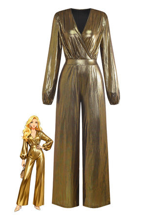 Gold 1930s Metallic Fabric V-Neck Jumpsuit