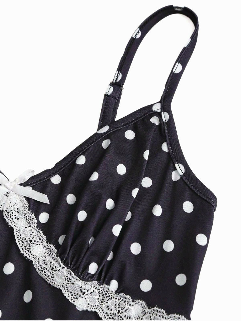1940s Polka Dot Lace Trim Strap Jumpsuit