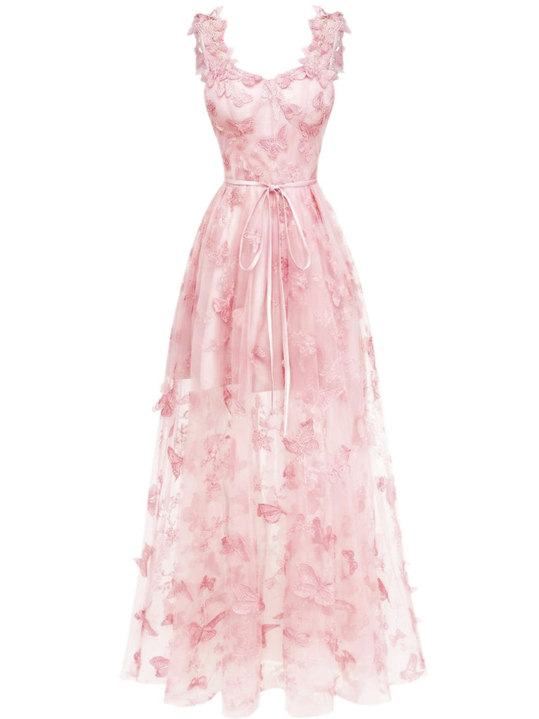 1930s Spaghetti Strap 3D Butterflies Mesh Maxi Dress