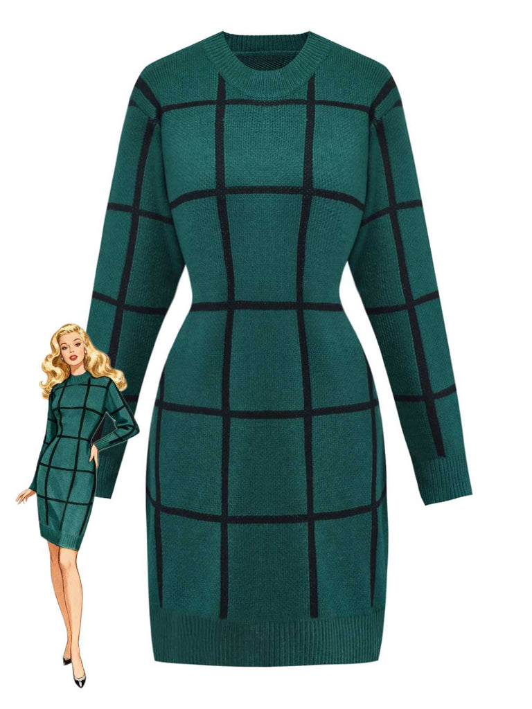 Green 1960s Crew Neck Plaid Knit Sweater Dress