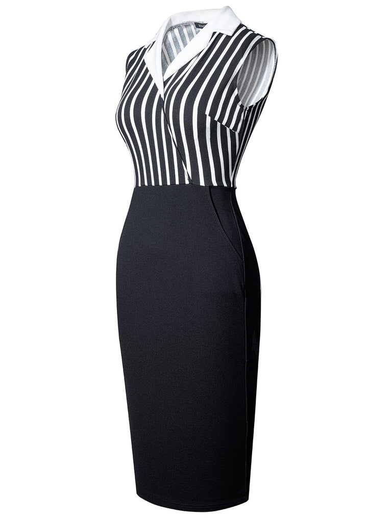 Black 1960s Striped Patchwork Lapel Pencil Dress