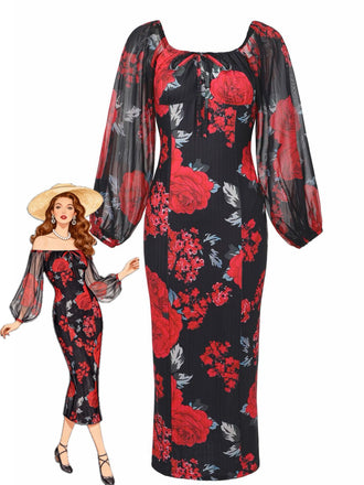 1960s French Tea Floral Off-Shoulder Bodycon Dress