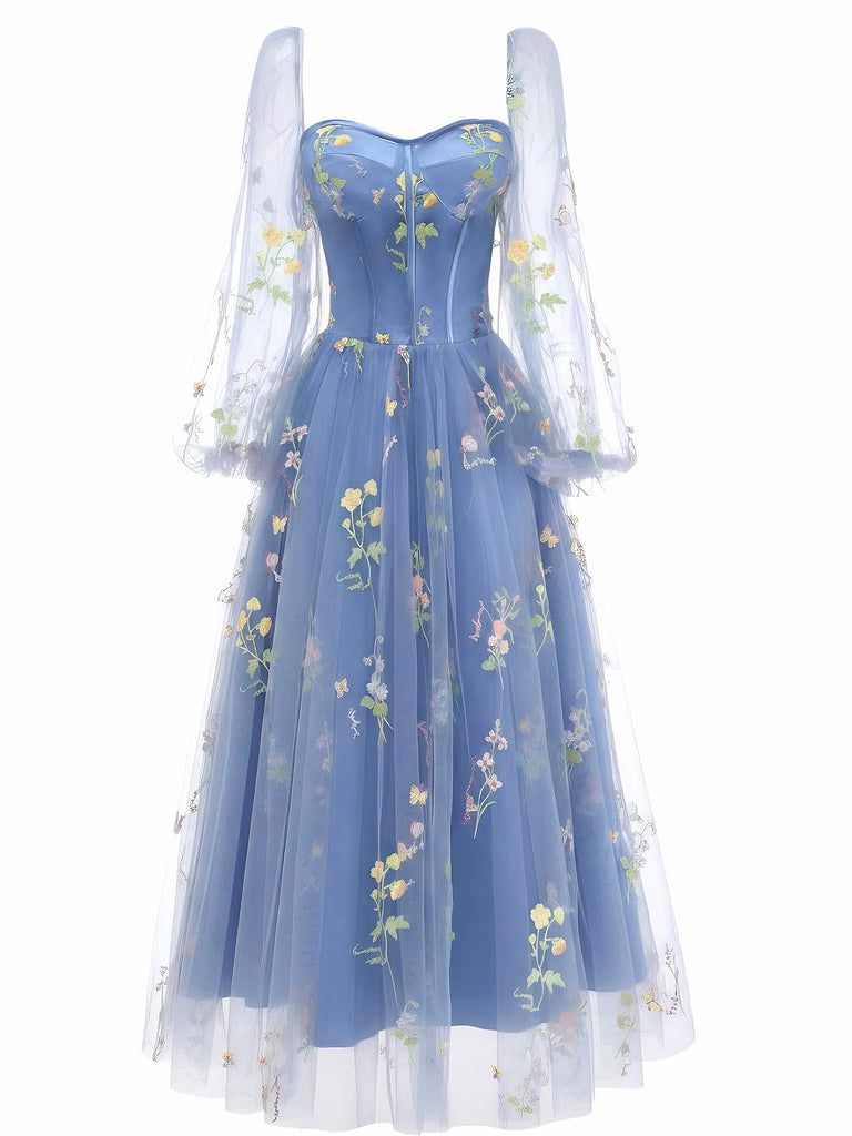 Blue 1930s Floral Embroidered Mesh Long Sleeve Dress