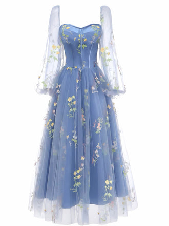 Blue 1930s Floral Embroidered Mesh Long Sleeve Dress