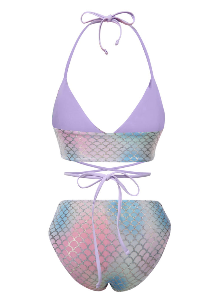 Multicolor 1970s Mermaid Scales Halter Lace-Up Bikini Set