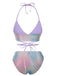 Multicolor 1970s Mermaid Scales Halter Lace-Up Bikini Set