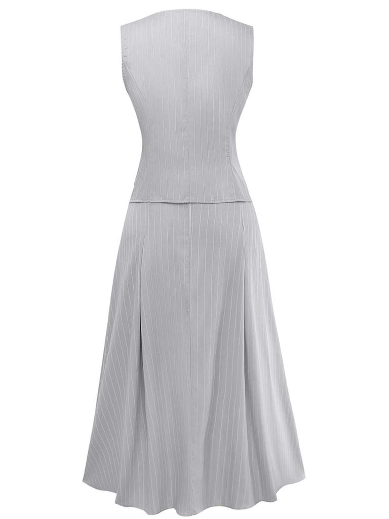 2PCS 1940s Stripe Sleeveless Vest & Midi Skirt