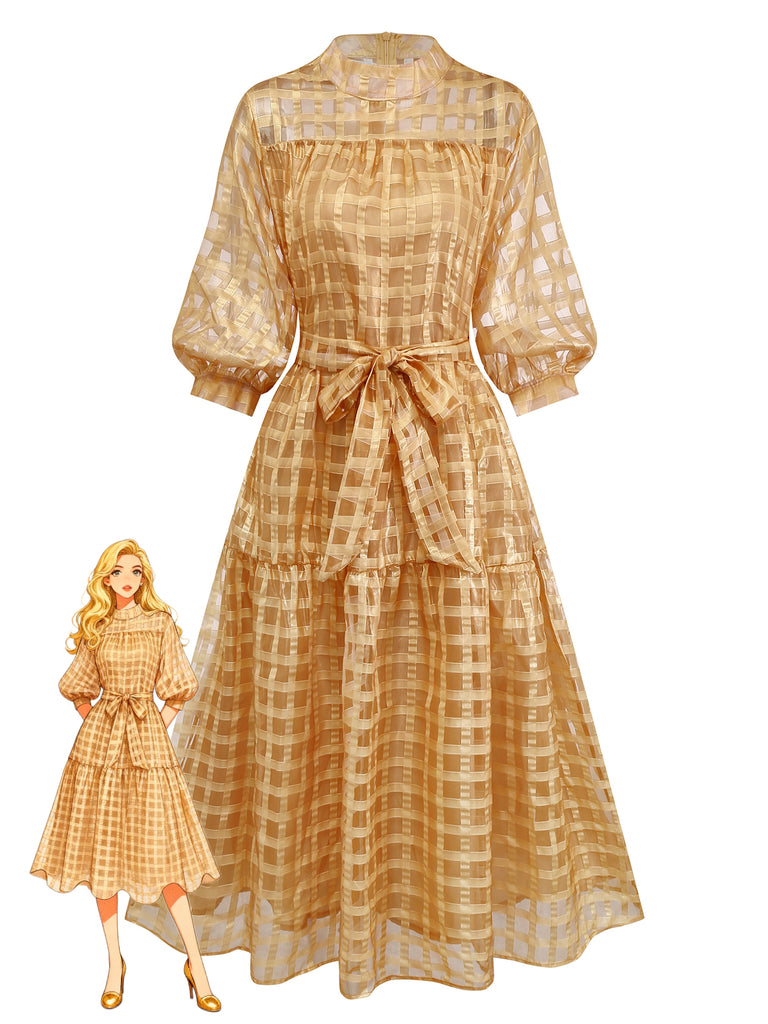 Gold 1940s Sheer Grid Puff-Sleeve Belted Midi Party Dress