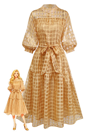 Gold 1940s Sheer Grid Puff-Sleeve Belted Midi Party Dress