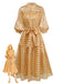 Gold 1940s Sheer Grid Puff-Sleeve Belted Midi Party Dress