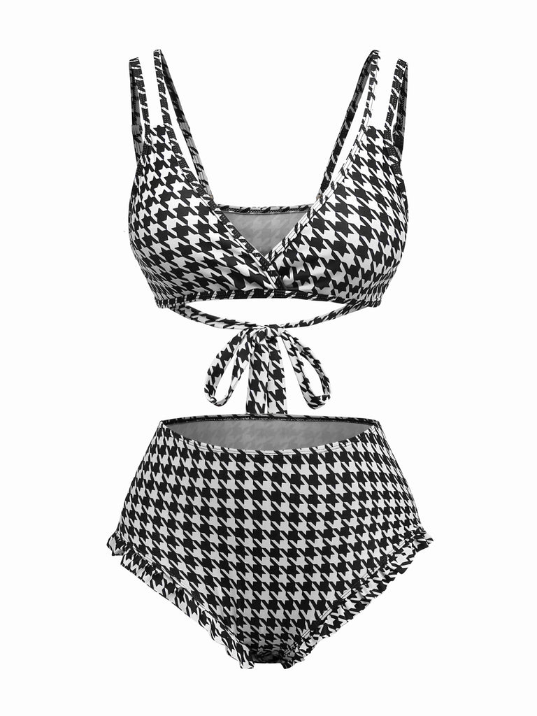 Black 1930s Houndstooth Lace-Up Bikini Set