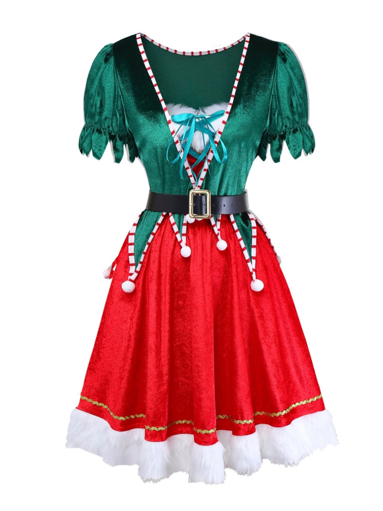 1960s Christmas Green V-Neck Top & Red Fur Trimmed Skirt