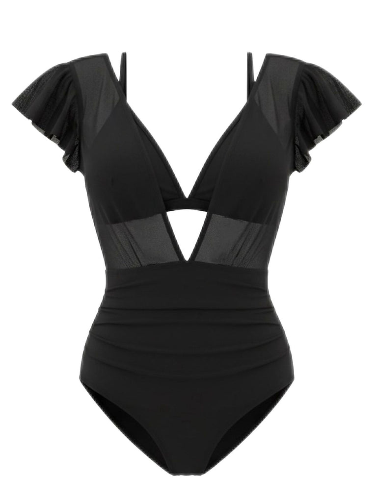 1960s Solid Mesh Plunge Bikini Set & Cover-Up