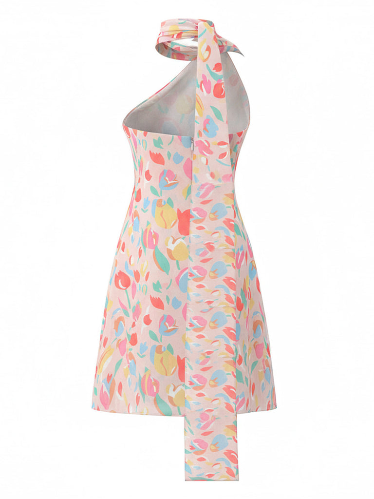 Rear view of the tulip print summer dress, showcasing the sleeveless, backless design and the elegant drape of the floral fabric.