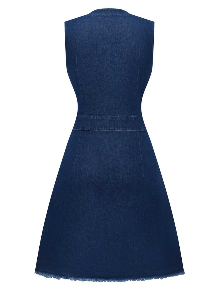 Blue 1970s Pockets Sleeveless A-Line Denim Dress