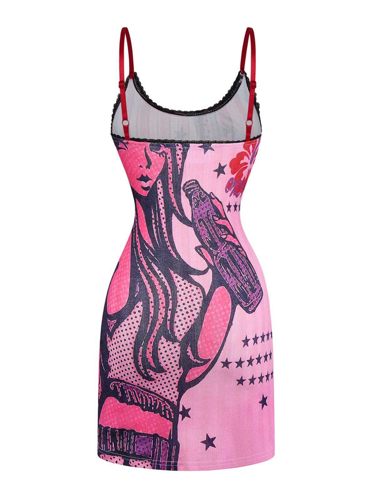 Pink 2000s Slip Lace Trim Cartoon Print Dress