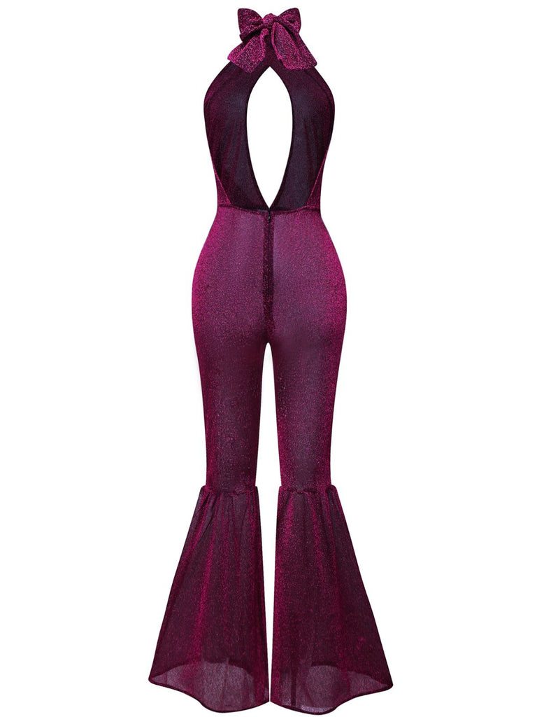 Purple 1970s Sheer Glitter Disco Halter Jumpsuit