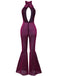 Purple 1970s Sheer Glitter Disco Halter Jumpsuit