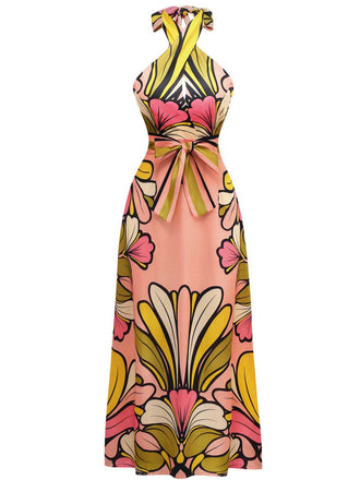 1970s Boho Halter Floral Belted Backless Dress